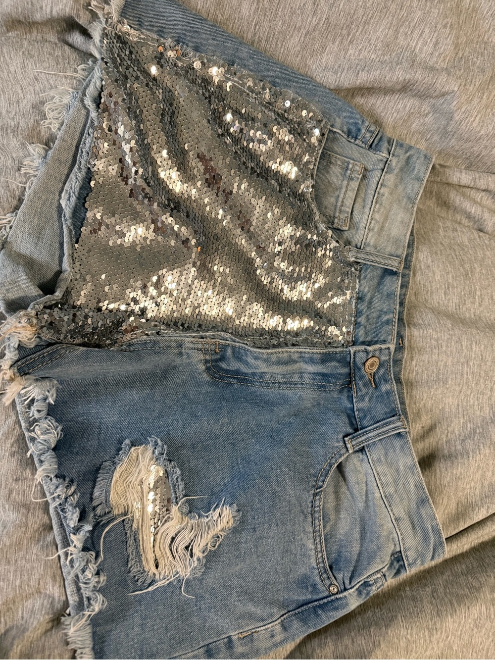 Silver Sequin & Light Blue Denim Distressed Women’s Shorts